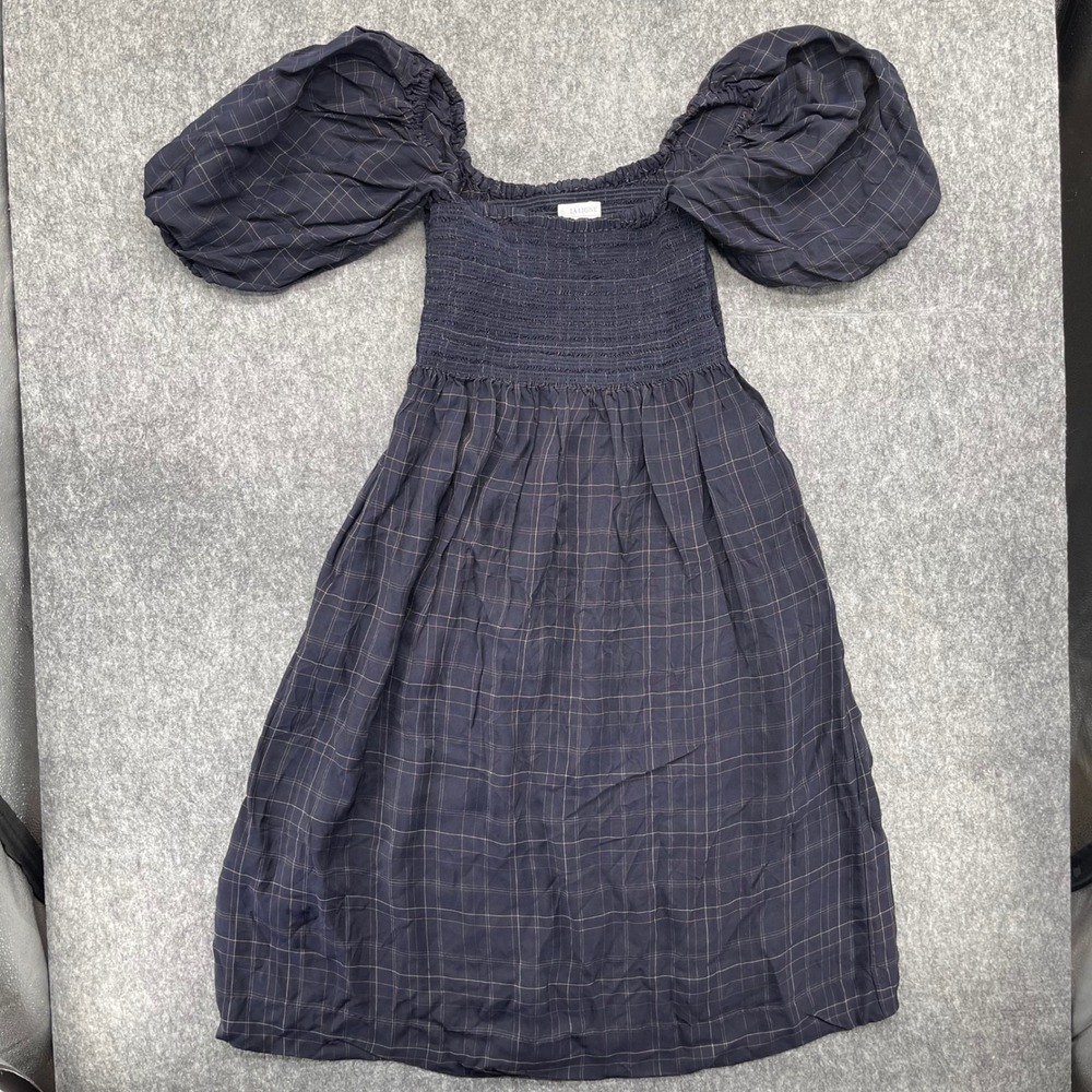 La Ligne Dress Womens Extra Large Blue Windowpane Plaid Smocked Puff Sleeve